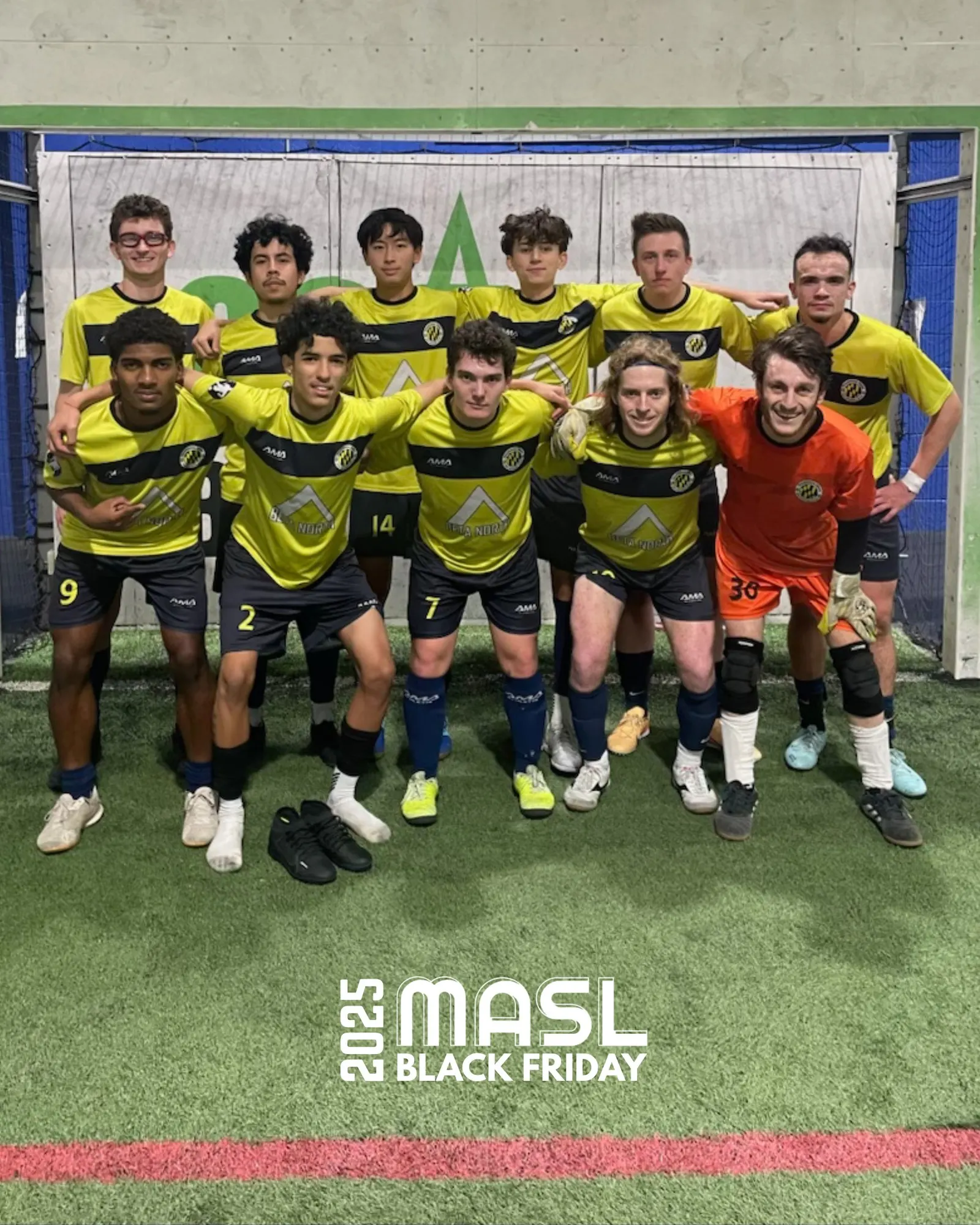 Baltimore Kings MASL3 squad in yellow kits lined up in front of the goal